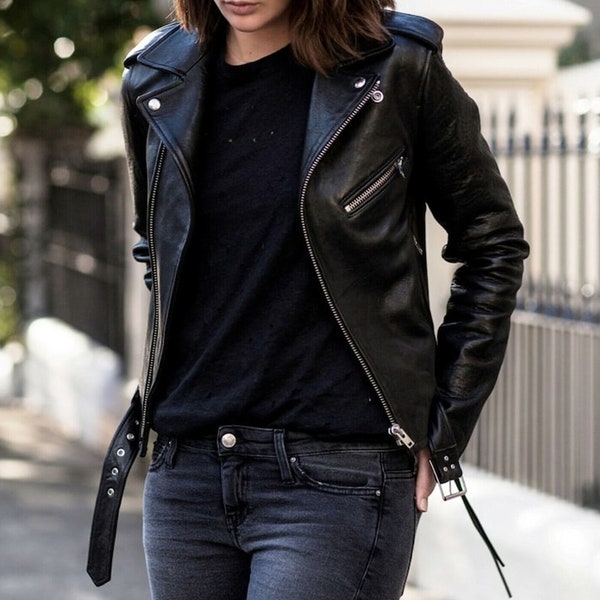 Blouson moto café racer fait main pour femme en cuir d'agneau véritable noir