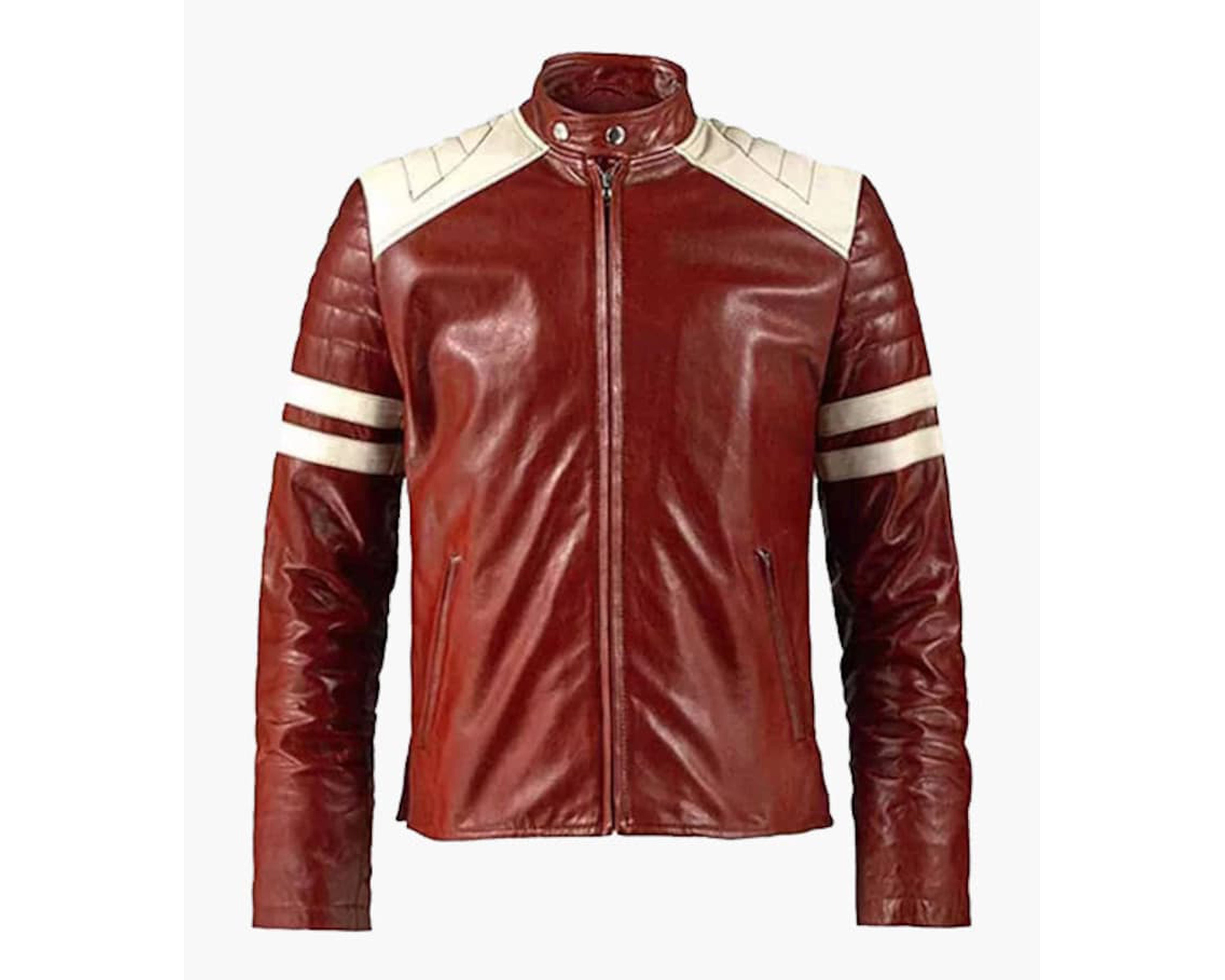 Brad Pitts Tyler Durden Fight Club Mayhem Red & White Leather Jacket