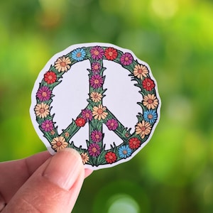 Vredessymbool bloemensticker hippie boho sticker flower power vredessymbool vintage jaren 70 laptop waterfles sticker vinyl glanzend