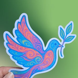Vredesduifsticker Kleurrijke vredessymbool autosticker Laptopsticker Uniek vintage ontwerp Duif met olijftak