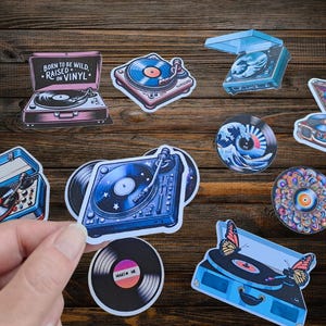 Retro stickers, platenspeler stickers, vinyl stickers, laptop stickers, dagboek stickers, 12 stuks.