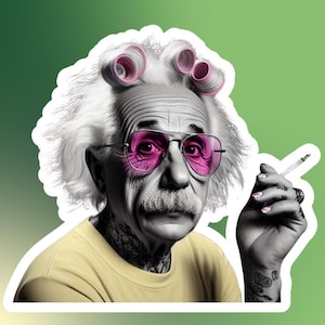 Einstein Sticker met tatoeages, haarkrullers, grappige nerd, geek, wetenschapper, vinyl sticker, laptop, smartphonehoesje, skateboarddecoratie
