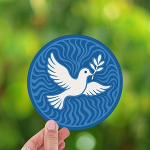 Vredesduif sticker blauw wit vredessymbool auto sticker laptop sticker uniek vintage ontwerp duif met olijftak