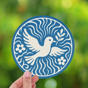 Vredesduif sticker blauw wit vredessymbool auto sticker laptop sticker uniek vintage ontwerp duif met olijftak