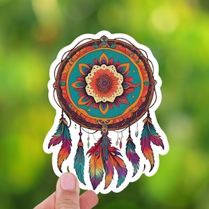 Dromenvangersticker met mandala boho-decoratie, spirituele sticker met kleurrijke veren, hippiesticker voor laptop, bullet journal en meer