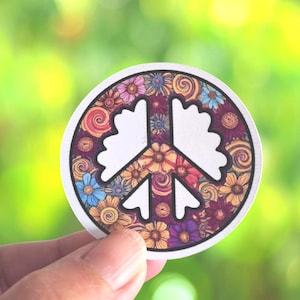 Vredessymbool bloemensticker hippie boho sticker flower power vredessymbool vintage jaren 70 laptop waterfles sticker vinyl glanzend