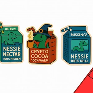 Könnte beinhalten: Drei farbenfrohe Aufkleber mit dem Cartoon-Monster Nessie vom Loch Ness. Einer zeigt "Nessie Nectar 100% Hidden", ein anderer "Crypto Cocoa 100% Warm", und der letzte "Nessie 100% Real". Jeder Aufkleber hat die Form eines Milchkartons.