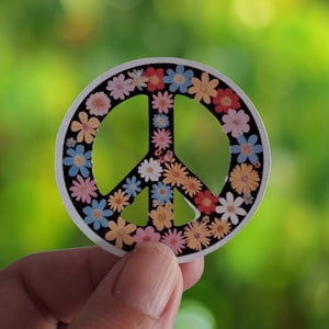 Vredessymbool bloemensticker hippie boho sticker flower power vredessymbool vintage jaren 70 laptop waterfles sticker vinyl glanzend