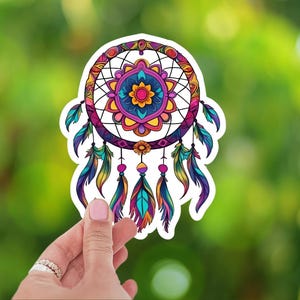 Dromenvangersticker met mandala boho-decoratie, spirituele sticker met kleurrijke veren, hippiesticker voor laptop, bullet journal en meer