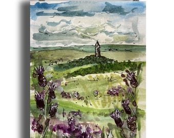 May include: Watercolor painting of a landscape with a tower in the distance. The foreground features purple wildflowers and green grass. The sky is cloudy and blue.