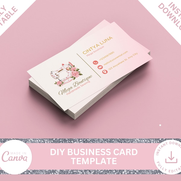 Sewing Business Card Template, Editable Handmade Sewing Rosegold  Boutique Business Card, Modern Makers Business Design, DIY Business Card