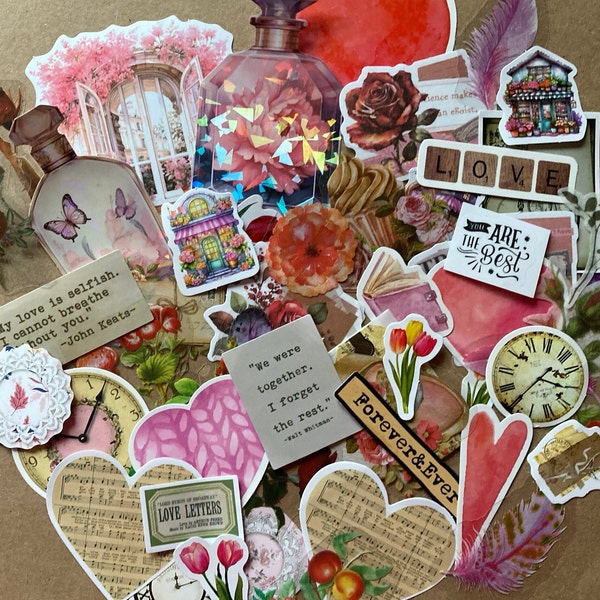 Confezione da 25 adesivi Romance Love, adesivi artigianali romantici rossi e rosa per diario, pianificatori, creazione di biglietti, scrapbooking, laptop