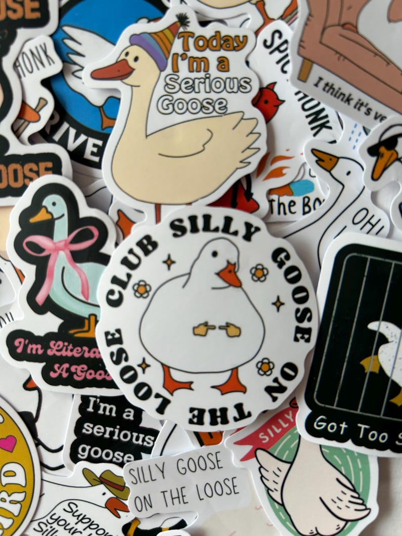 Puede incluir: Una colecci&oacute;n de pegatinas caprichosas con gansos de dibujos animados en varias poses. Algunas pegatinas tienen texto como "Today I'm a Serious Goose" y "Silly Goose on the Loose". Las pegatinas son de varios colores, incluyendo blanco, amarillo y negro.
