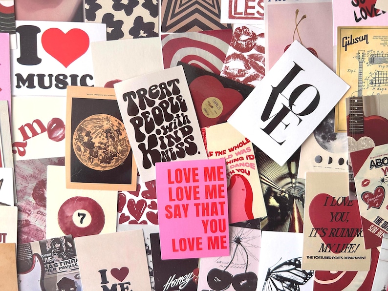 May include: A collage of various cards and prints with a romantic theme. The cards feature phrases like "Love Me" and "Treat People with Kindness," along with images of hearts, cherries, and a guitar. The color palette includes red, pink, black, and white.