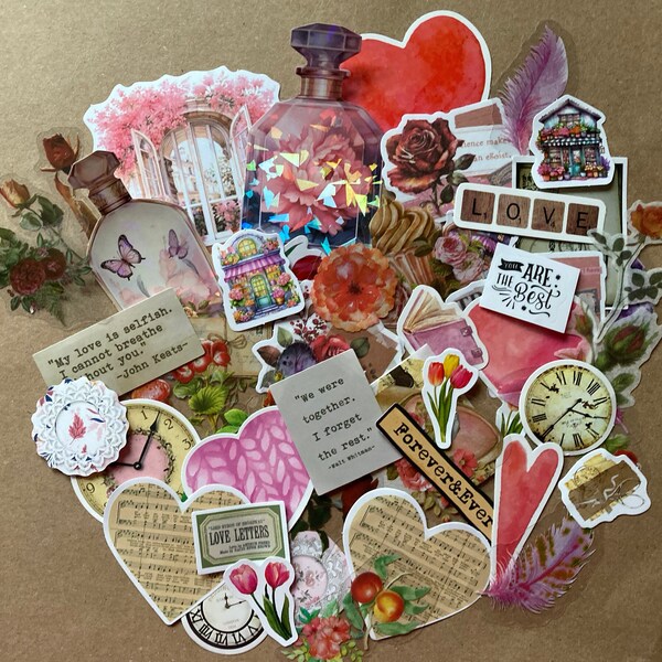 Lot de 25 stickers romantiques, rouges et roses pour créer un journal, des agendas, des cartes, du scrapbooking et des ordinateurs portables