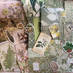 Groene ephemera knutselspullen, papieren verpakkingen, rommeltijdschriftpapier, bundel knutselspullen, kunstzinnige therapie, botanische kaarten maken, min. 65 items