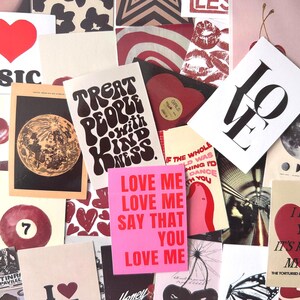 May include: A collage of various cards and prints with a love theme. The images include a red heart, the word "LOVE" in bold letters, and the phrase "TREAT PEOPLE WITH KINDNESS." Other images include a pool ball, a guitar, and a moon.