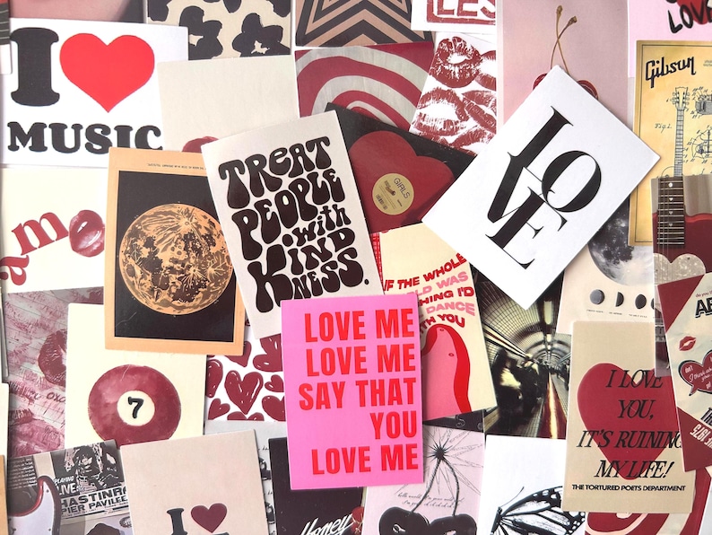 May include: A collage of various cards and prints with a love theme. The images include a red heart, the word "LOVE" in bold letters, and the phrase "TREAT PEOPLE WITH KINDNESS." Other images include a pool ball, a guitar, and a moon.
