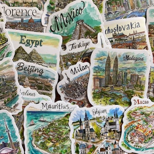 Pacote de adesivos de 25 cidades e países, pacote de adesivos de carimbos de cidades, adesivos de artesanato de aventura para diário, planejadores, scrapbooking, laptops