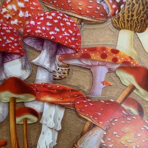May include: A collection of red and white mushroom stickers with white spots. The stickers are on a brown background.