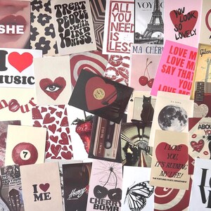 May include: A collage of various cards and prints with a vintage aesthetic. The images feature hearts, lips, the Eiffel Tower, and text like "Treat People with Kindness" and "I Love You." The color palette is primarily red, black, and white.