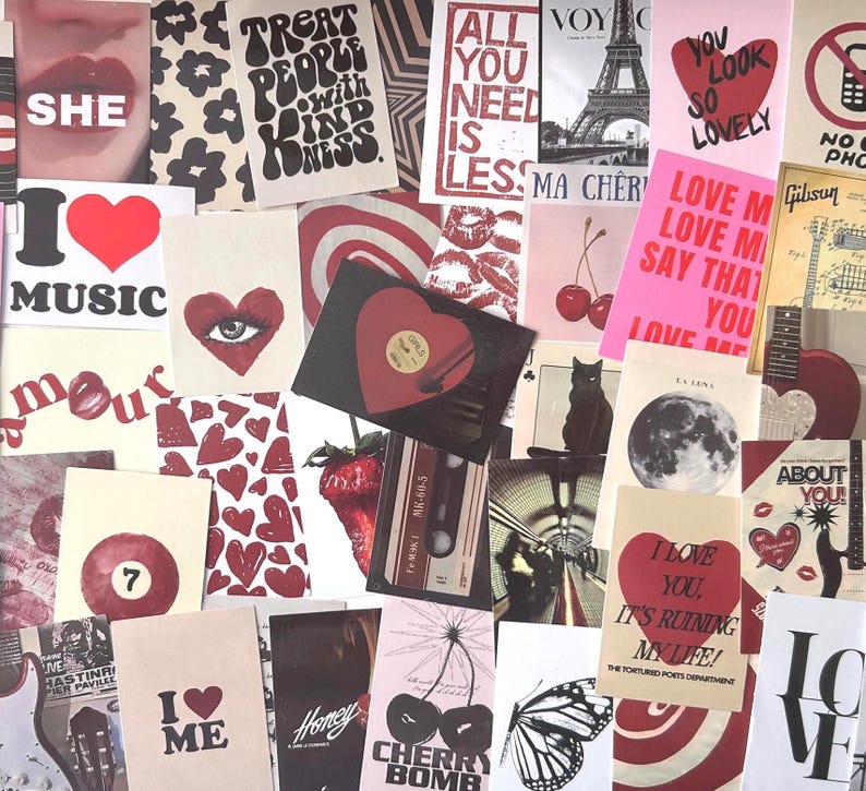 May include: A collage of various cards and prints with a vintage aesthetic. The images feature hearts, lips, the Eiffel Tower, and text like "Treat People with Kindness" and "I Love You." The color palette is primarily red, black, and white.