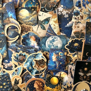 May include: A selection of celestial-themed stickers, featuring moons, stars, and women with long hair. The stickers use a colour palette of blues, golds, and creams. Some stickers depict butterflies, flowers, and celestial bodies.
