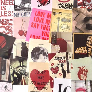 May include: A collage of various images and text, including a red heart with "You Look So Lovely", a guitar, a black cat, and a red telephone booth. The theme appears to be a mix of romance and pop culture.