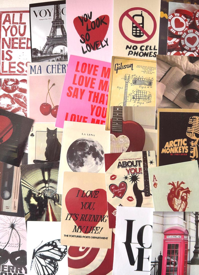 May include: A collage of various images and text, including a red heart with "You Look So Lovely", a guitar, a black cat, and a red telephone booth. The theme appears to be a mix of romance and pop culture.