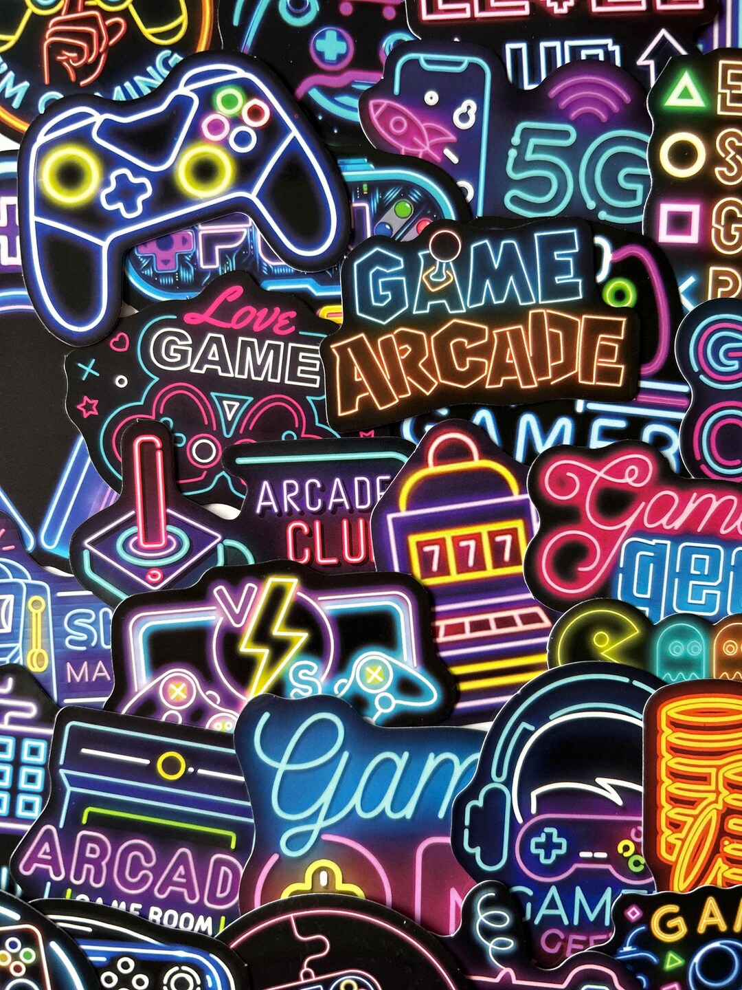 50 Neon Gaming Stickers | Retro Arcade Gamer Vinyl Sticker Pack for ...
