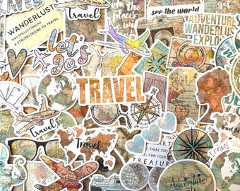 50 Vintage Travel Stickers: World Maps, Adventure Scrapbooking - 50 Piece Set