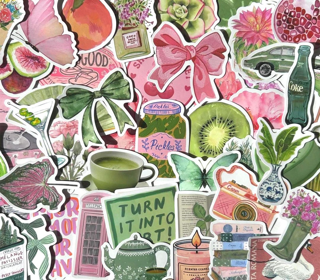 50 Pcs Pink & Green Aesthetic Sticker Pack, Cottagecore Stickers ...
