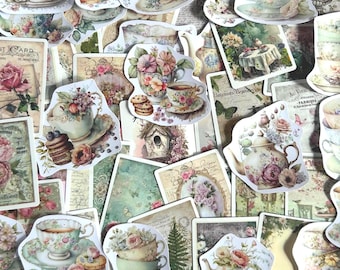 50 Vintage Teacup Stickers: Floral Afternoon Tea, Cottagecore Scrapbooking