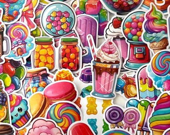 Paket med 50 kawaii-godisklistermärken: Färgglada klubbor, muffins och sockervaddsdesigner