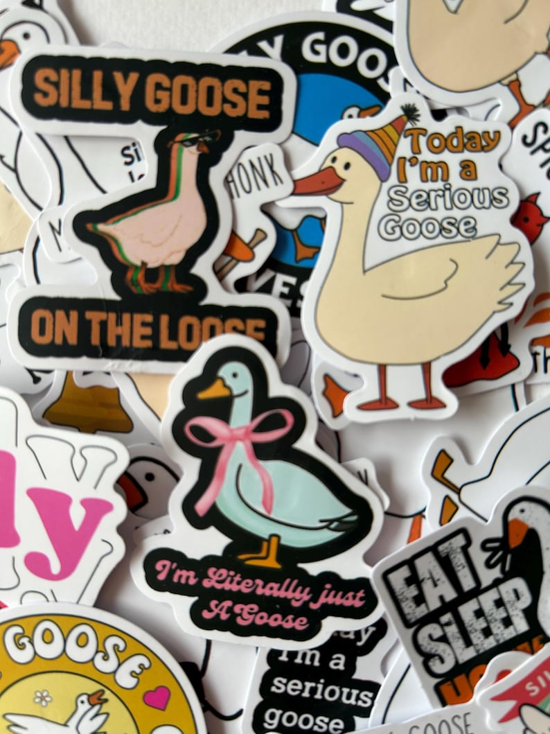 Puede incluir: Una colecci&oacute;n de pegatinas coloridas con dibujos de gansos. Algunas pegatinas tienen texto como "Silly Goose", "On the Loose" y "Today I'm a Serious Goose". Los gansos se representan en varias poses y estilos.