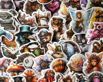 50 Steampunk Stickers Pack: Retro Victorian Gears, Animals, Gothic Fantasy
