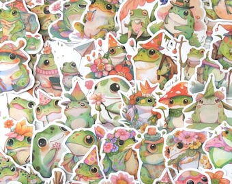 50 Cottagecore Frog Sticker Pack: Kawaii Vinyl Decals for Journals