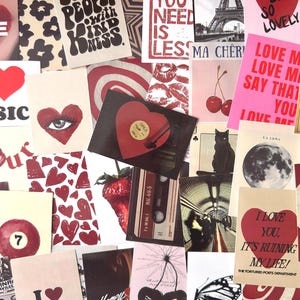 May include: A collage of various cards and prints with a romantic theme. The images include hearts, cherries, a record, and the Eiffel Tower. Text includes "Treat People With Kindness", "All You Need Is Less", and "I Love You, It's Ruining My Life!"