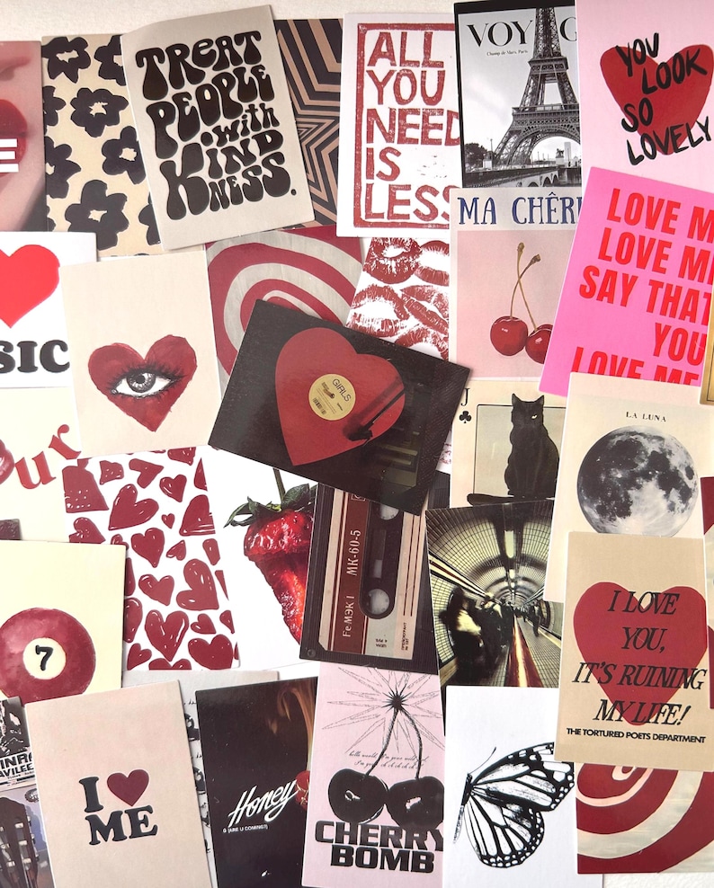 May include: A collage of various cards and prints with a romantic theme. The images include hearts, cherries, a record, and the Eiffel Tower. Text includes "Treat People With Kindness", "All You Need Is Less", and "I Love You, It's Ruining My Life!"