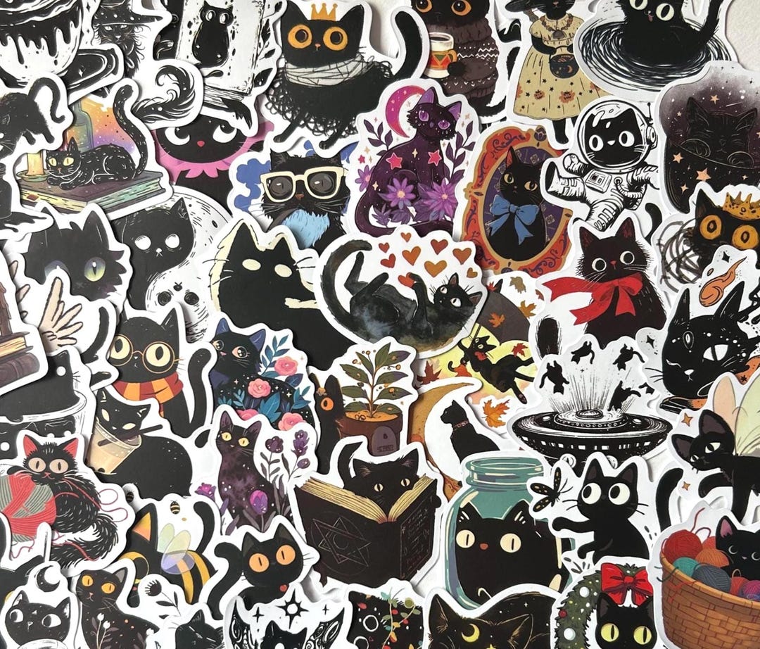50 Witchy Black Cat Sticker Pack: Gothic Vinyl Decals - Etsy
