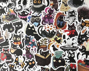 50 Witchy Black Cat Sticker Pack: Gothic Vinyl Decals