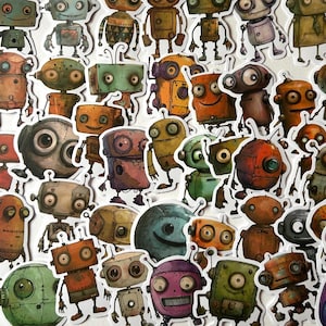 May include: A selection of robot stickers in a variety of colours and designs. The robots are illustrated in shades of orange, green, blue, and brown, with detailed mechanical features and expressive faces. The stickers are on a white background.
