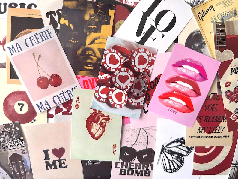 May include: A collage of various cards and images with a romantic theme. Includes cards with cherries, lips, hearts, and the words "LOVE" and "MA CHERIE". Also features a guitar and a 7-ball.