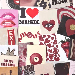 May include: A collage of various cards and images with a red and black color scheme. The cards feature text like "SHE", "I LOVE MUSIC", and "I LOVE ME", along with hearts, lips, and a guitar. Other images include a vinyl record and a strawberry.