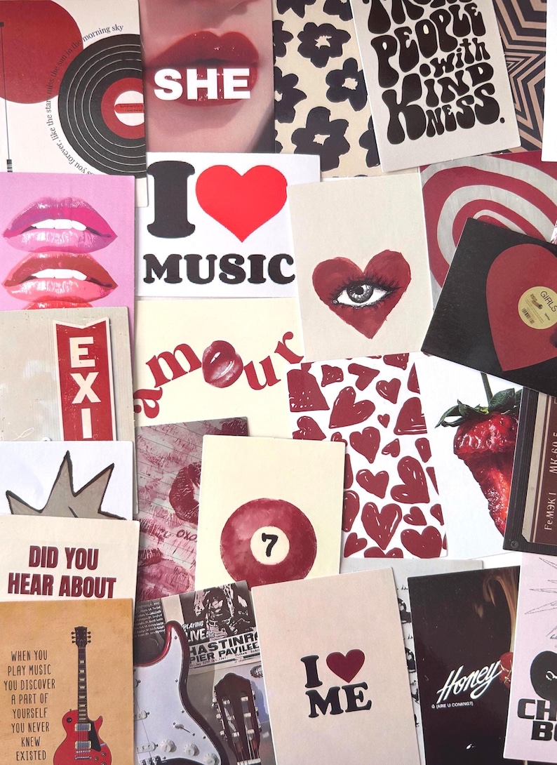 May include: A collage of various cards and images with a red and black color scheme. The cards feature text like "SHE", "I LOVE MUSIC", and "I LOVE ME", along with hearts, lips, and a guitar. Other images include a vinyl record and a strawberry.
