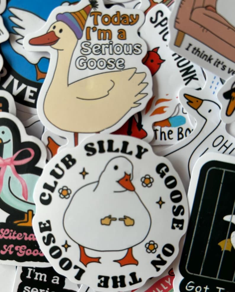 Puede incluir: Una colecci&oacute;n de pegatinas caprichosas con gansos de dibujos animados. Una pegatina muestra un ganso con un gorro de fiesta con el texto "Today I'm a Serious Goose". Otra pegatina dice "Club Silly Goose on the Loose."