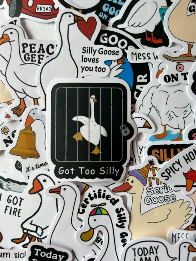 Puede incluir: Una colecci&oacute;n de pegatinas de vinilo blanco con dibujos de gansos en varias poses y con frases humor&iacute;sticas. Algunas pegatinas incluyen texto como "Silly Goose loves you too". Las pegatinas tienen un tema l&uacute;dico y caprichoso.