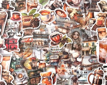 May include: A collage of coffee-themed stickers featuring various coffee cups, coffee beans, and coffee-making equipment. The stickers include images of espresso machines, coffee grinders, and a woman holding a coffee cup. The color palette includes shades of brown, red, and beige.