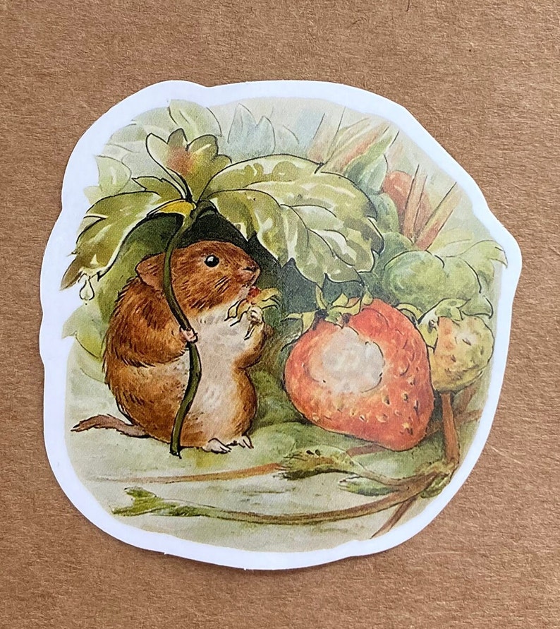 May include: A brown mouse with a long tail sits under a green leaf and eats a red strawberry. The mouse is holding a green stem in its paws.