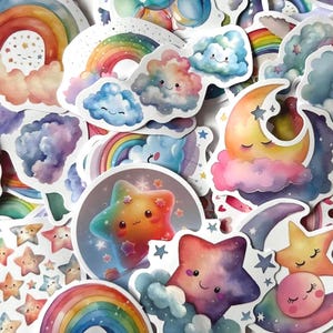 50 Rainbow Cloud Stickers: Kawaii Pastel Journaling Scrapbook Decals